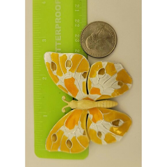 Vintage Yellow, White Enamel Aluminum Butterfly Brooch, Germany M894 - Picture 4 of 5